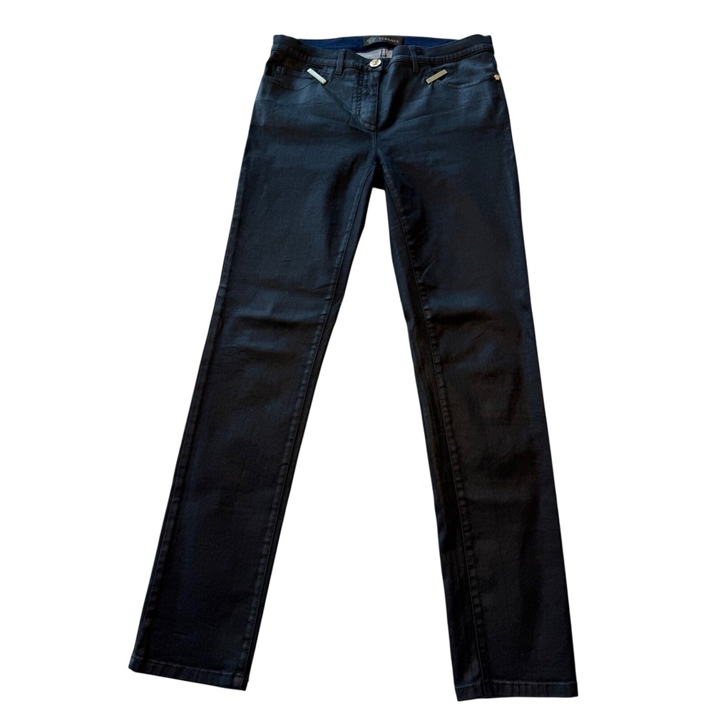 Versace Womens Black Coated Denim Medusa Gold‎ Hardware Jeans Made in Italy 29